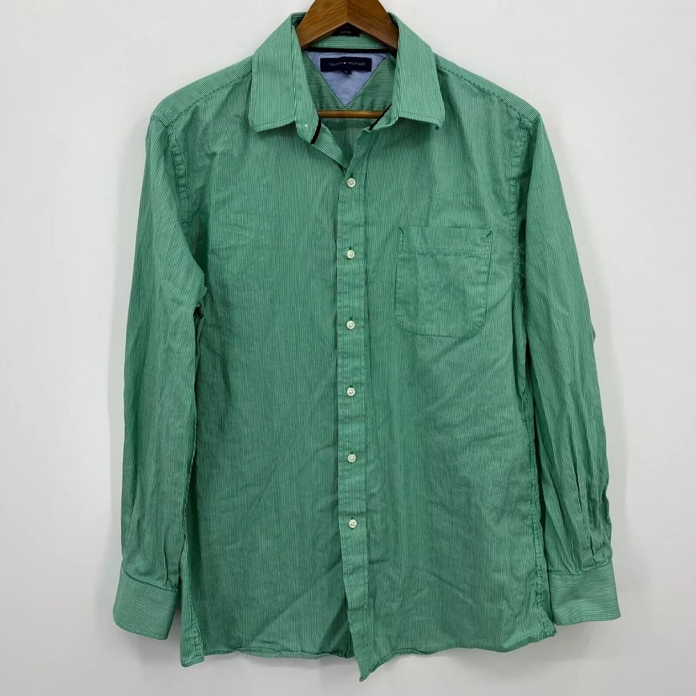 Tommy Hilfiger Mens Green White Striped Slim Fit Button Down Shirt 16 32-33